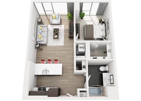 Floor plan for 1 bed, 1 bath, 715 sqft