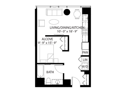 Floor plan for studio, 1 bath, 570 sqft