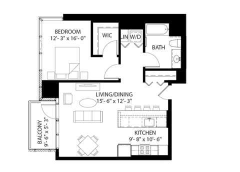 Floor plan for 1 bed, 1 bath, 795 sqft