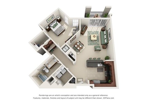 Floor plan for 1 bed, 1 bath, 998 sqft