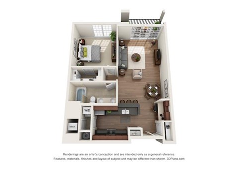 Floor plan for 1 bed, 1 bath, 856 sqft
