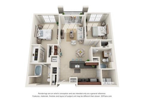 Floor plan for 2 beds, 2 baths, 1182 sqft
