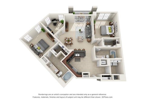 Floor plan for 2 beds, 2 baths, 1319 sqft