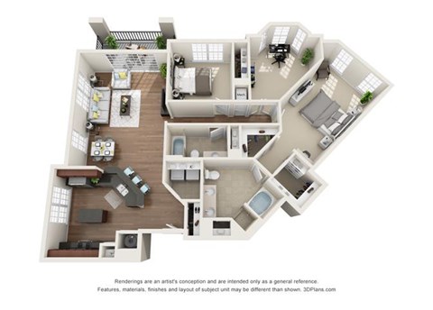 Floor plan for 2 beds, 2 baths, 1569 sqft