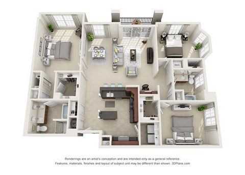 Floor plan for 3 beds, 2 baths, 1598 sqft