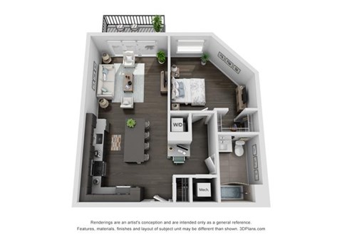Floor plan for 1 bed, 1 bath, 752 sqft