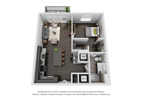 Floor plan for 1 bed, 1 bath, 742 sqft
