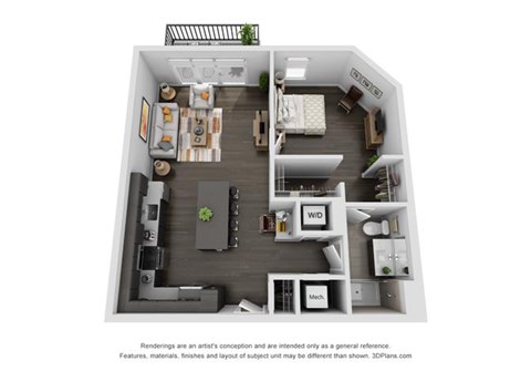 Floor plan for 1 bed, 1 bath, 789 sqft