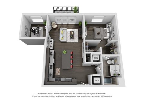 Floor plan for 1 bed, 1 bath, 882 sqft