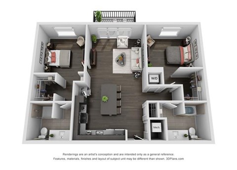 Floor plan for 2 beds, 2 baths, 1114 sqft