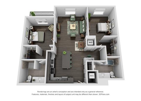 Floor plan for 2 beds, 2 baths, 1193 sqft