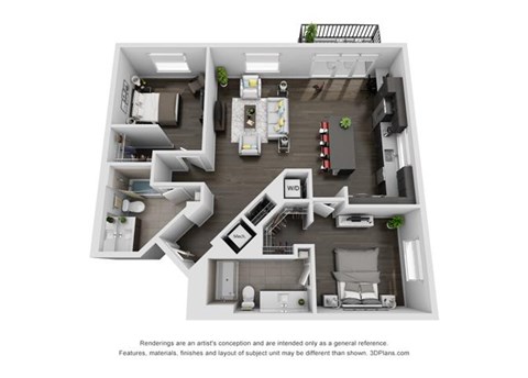 Floor plan for 2 beds, 2 baths, 1219 sqft