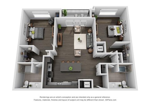 Floor plan for 2 beds, 2 baths, 1272 sqft