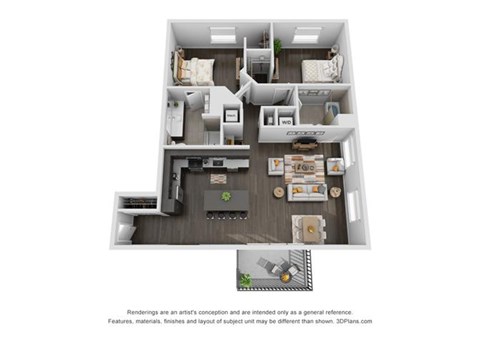 Floor plan for 2 beds, 2 baths, 1286 sqft