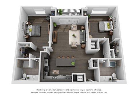 Floor plan for 2 beds, 2 baths, 1291 sqft