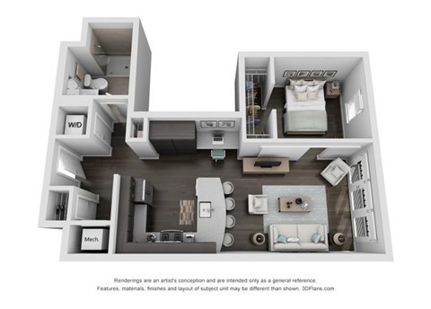 Floor plan for studio, 1 bath, 657 sqft