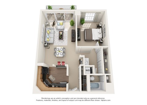 Floor plan for 1 bed, 1 bath, 692 sqft
