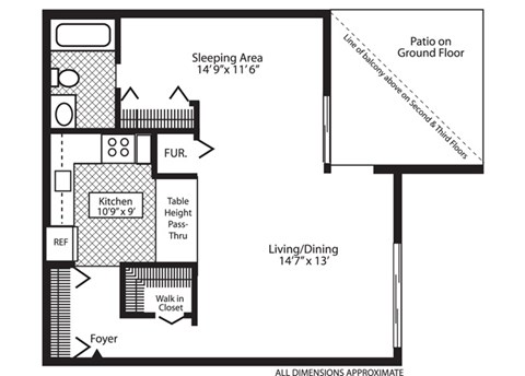 Floor plan for studio, 1 bath, 576 sqft
