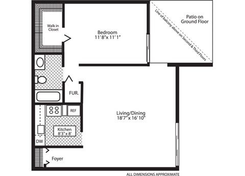 Floor plan for 1 bed, 1 bath, 817 sqft