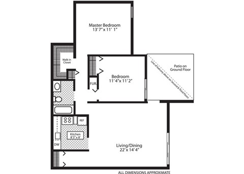 Floor plan for 2 beds, 1 bath, 1016 sqft