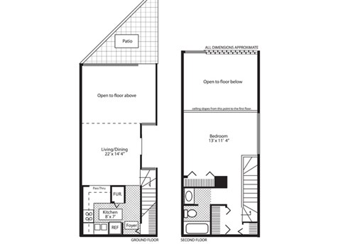 Floor plan for 1 bed, 1 bath, 775 sqft