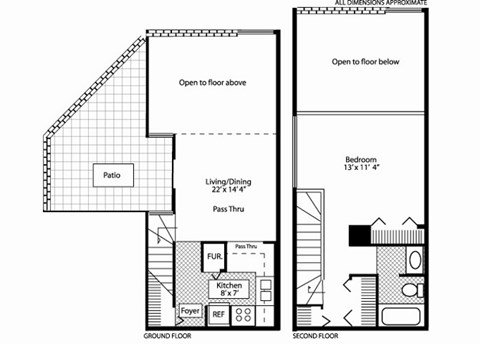 Floor plan for 1 bed, 1 bath, 775 sqft