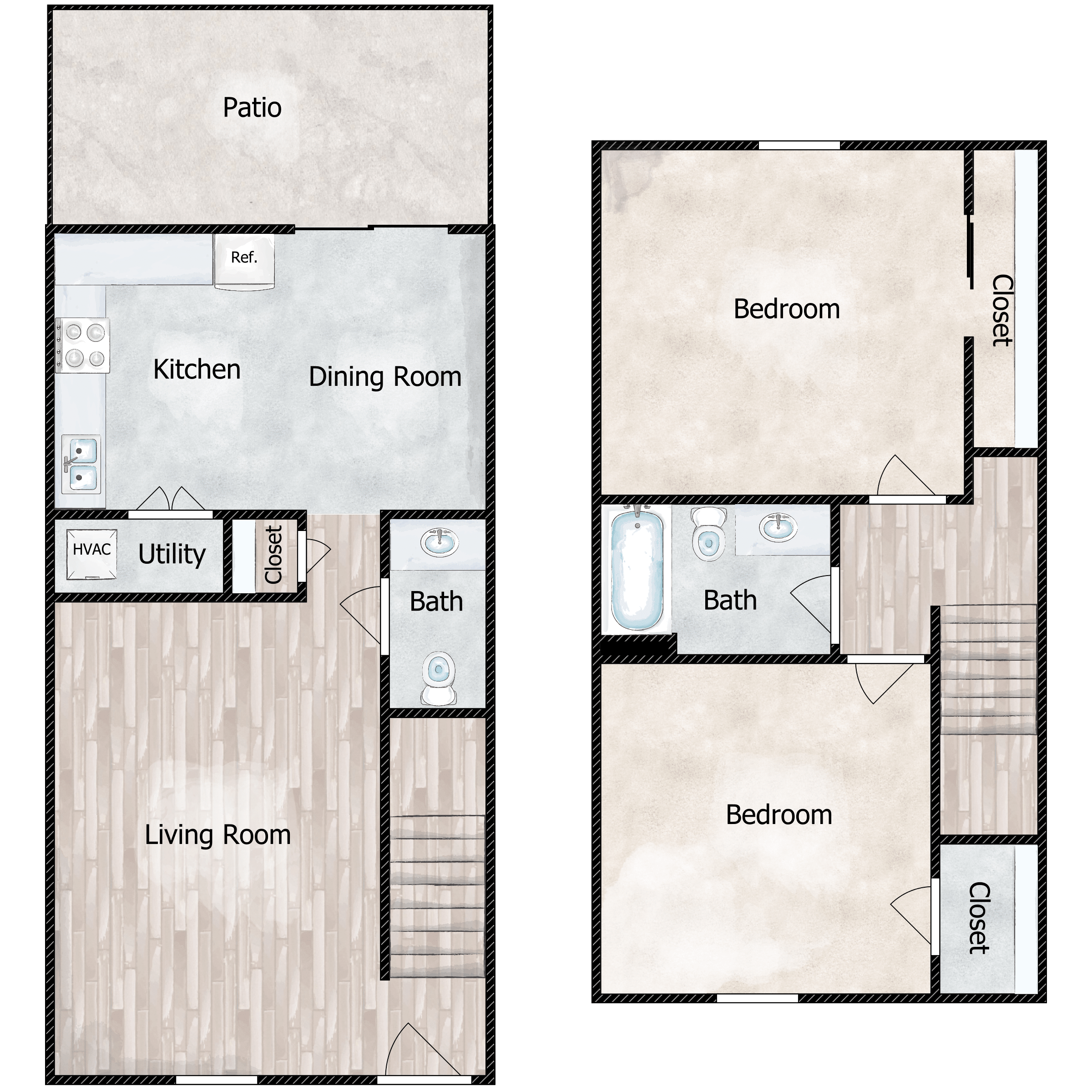 Floor plan for 2 beds, 1.5 baths, 1029 sqft