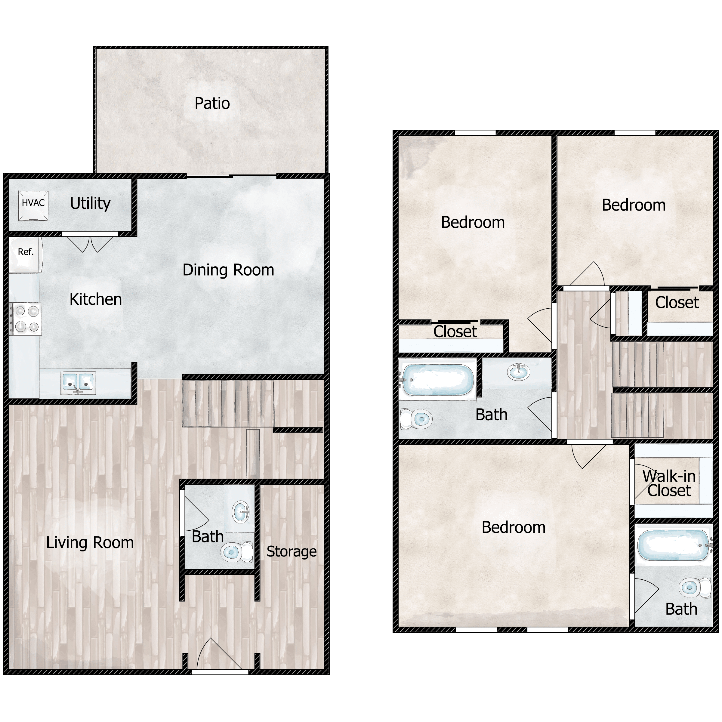 Floor plan for 3 beds, 2.5 baths, 1408 sqft