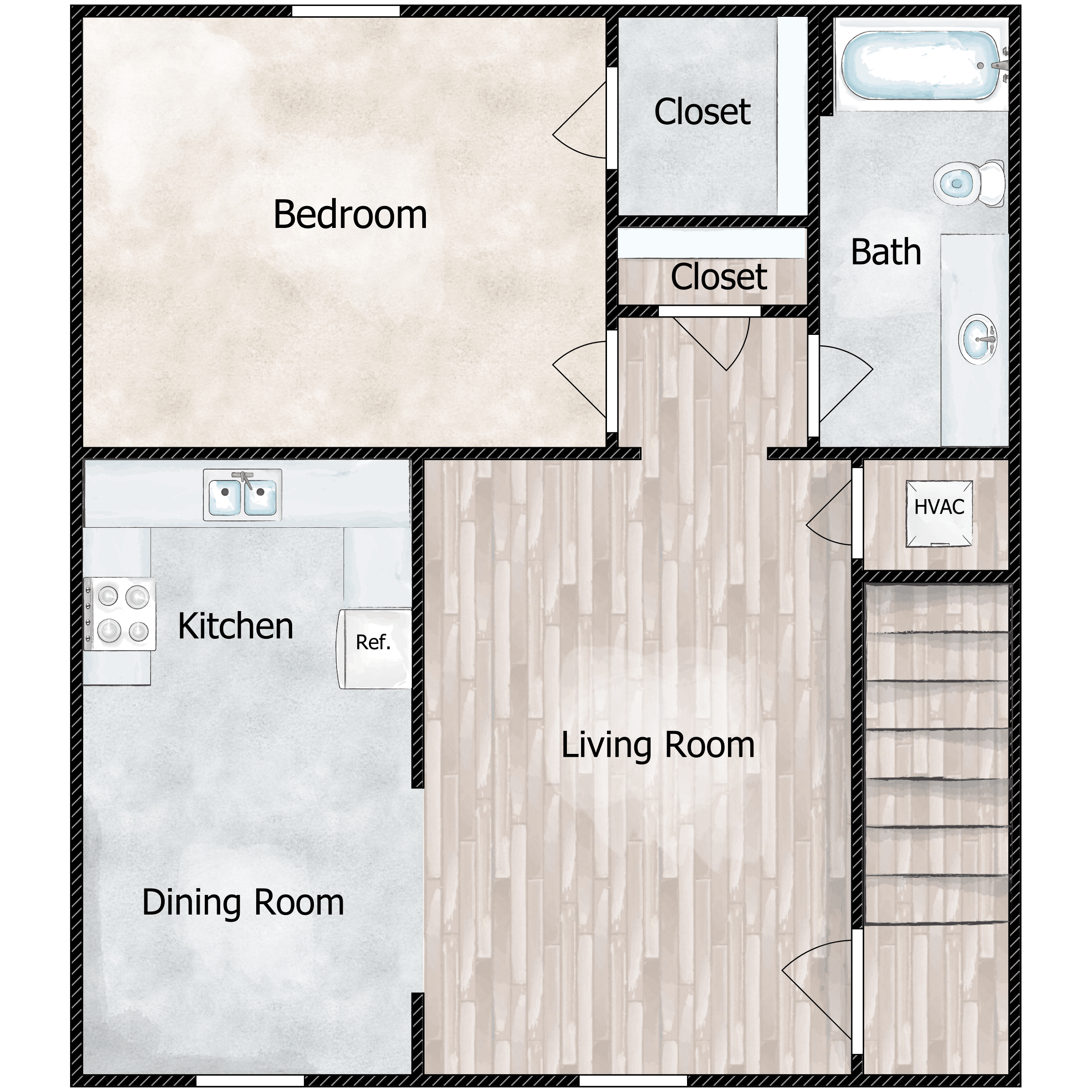 Floor plan for 1 bed, 1 bath, 708 sqft