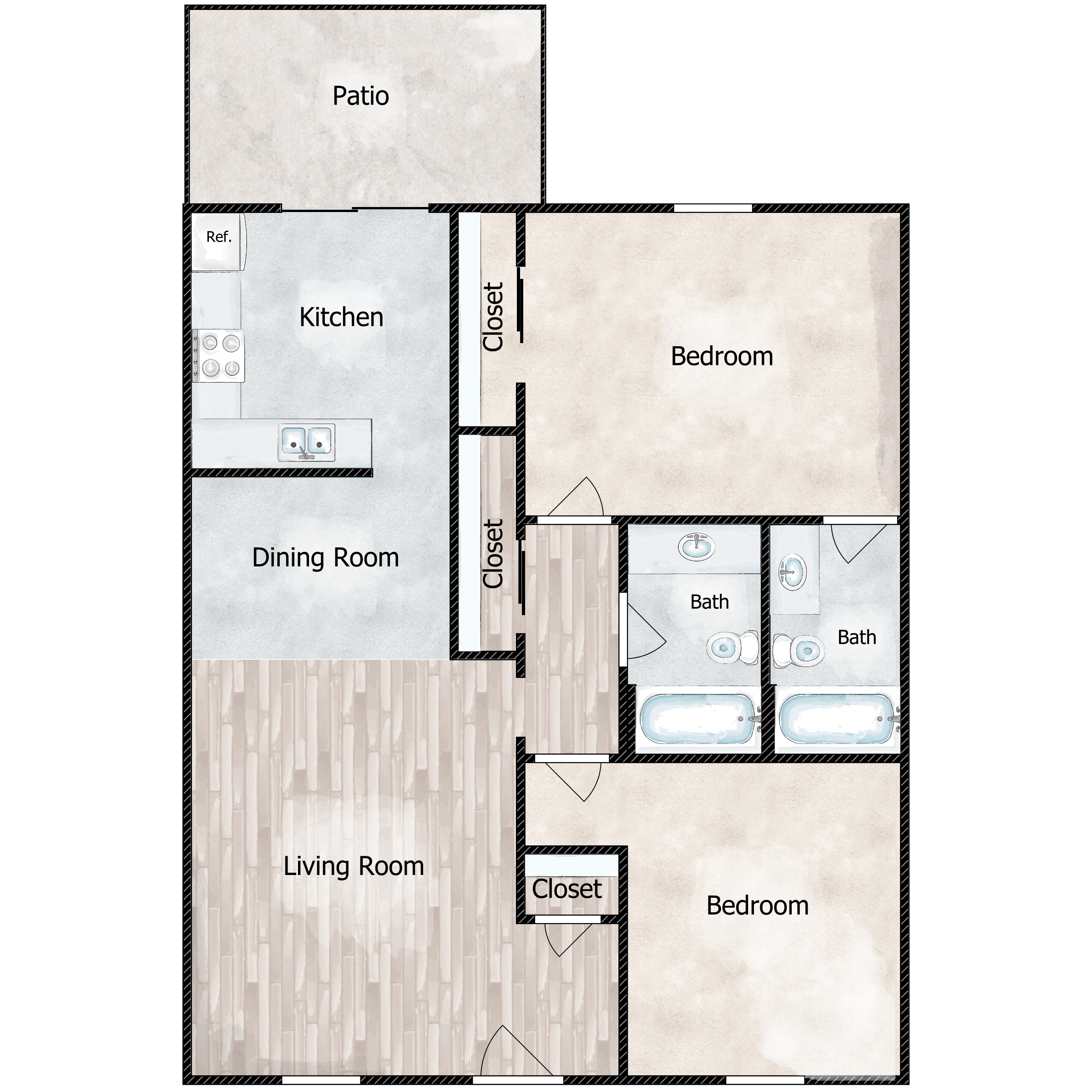 Floor plan for 2 beds, 2 baths, 902 sqft