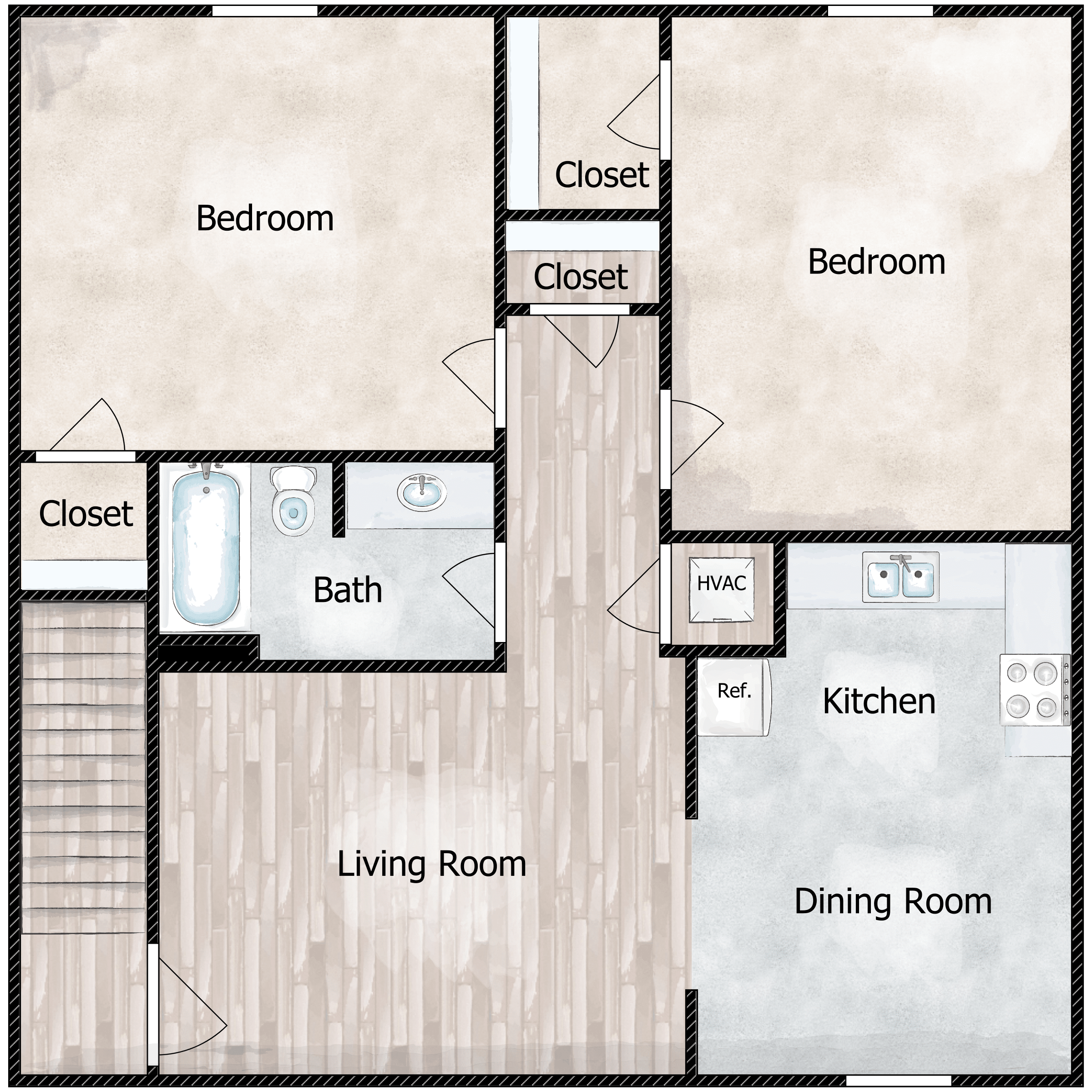 Floor plan for 2 beds, 1 bath, 910 sqft