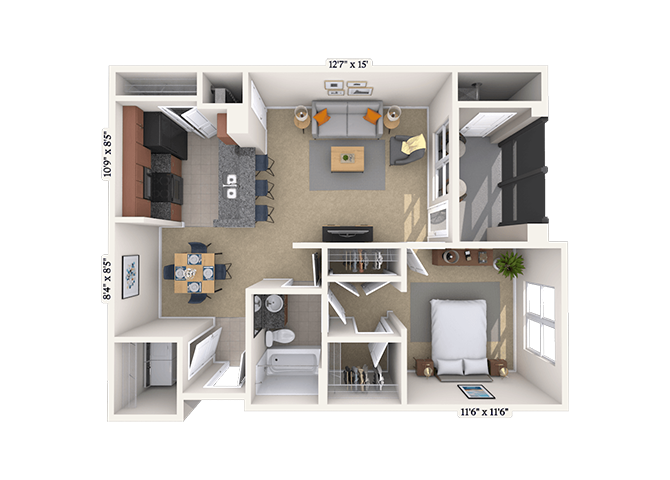 Floor plan for 1 bed, 1 bath, 727 sqft