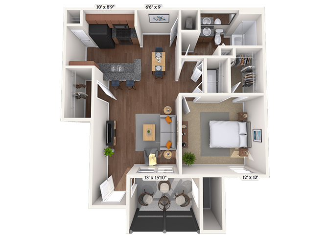 Floor plan for 1 bed, 1 bath, 802 sqft