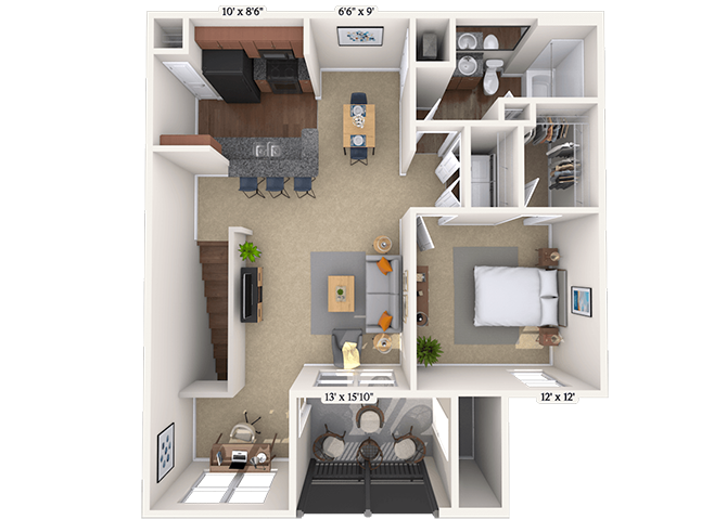 Floor plan for 1 bed, 1 bath, 883 sqft