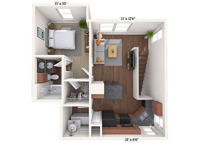 Floor plan for 1 bed, 1 bath, 682 sqft