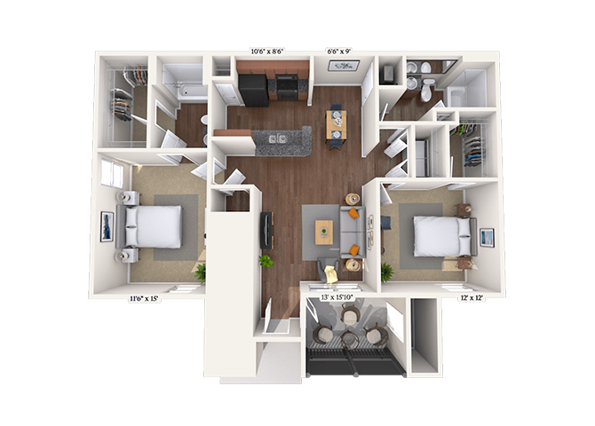 Floor plan for 2 beds, 2 baths, 1102 sqft