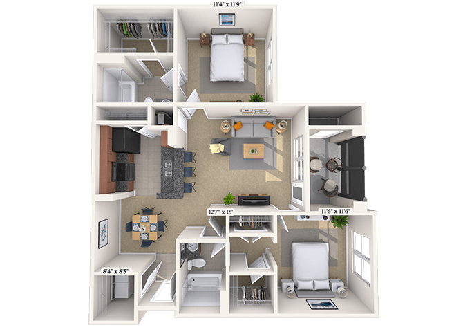 Floor plan for 2 beds, 2 baths, 981 sqft
