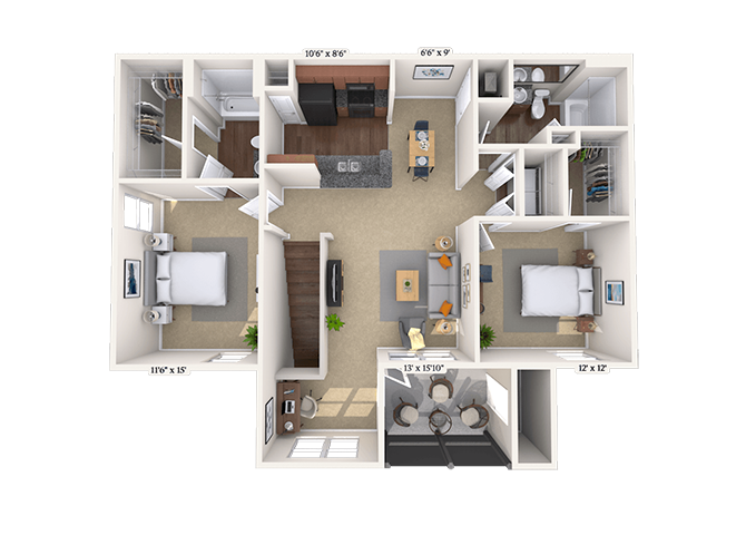 Floor plan for 2 beds, 2 baths, 1184 sqft