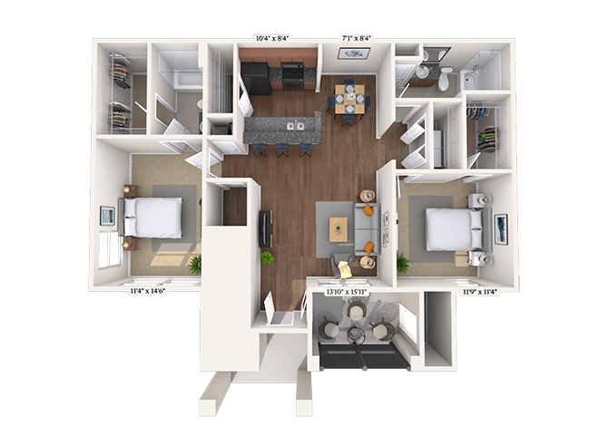Floor plan for 2 beds, 2 baths, 1142 sqft