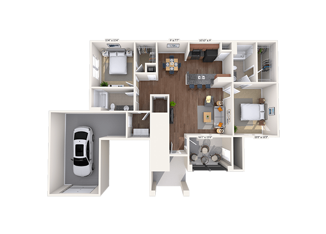 Floor plan for 2 beds, 2 baths, 1197 sqft