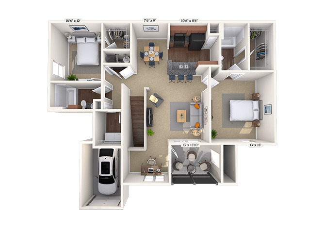 Floor plan for 2 beds, 2 baths, 1240 sqft