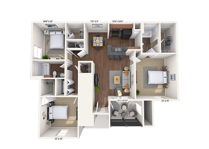 Floor plan for 3 beds, 2 baths, 1356 sqft