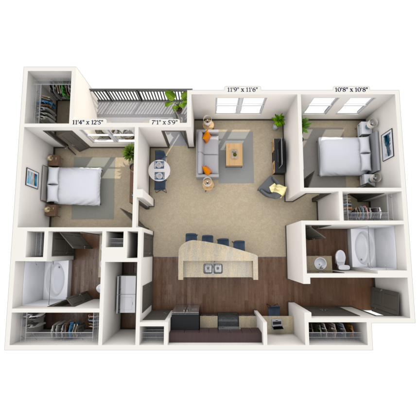 Floor plan for 2 beds, 2 baths, 1158 sqft