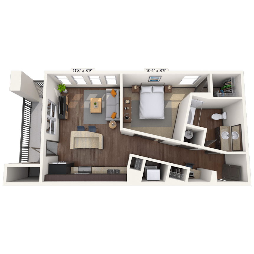 Floor plan for studio, 1 bath, 578 sqft