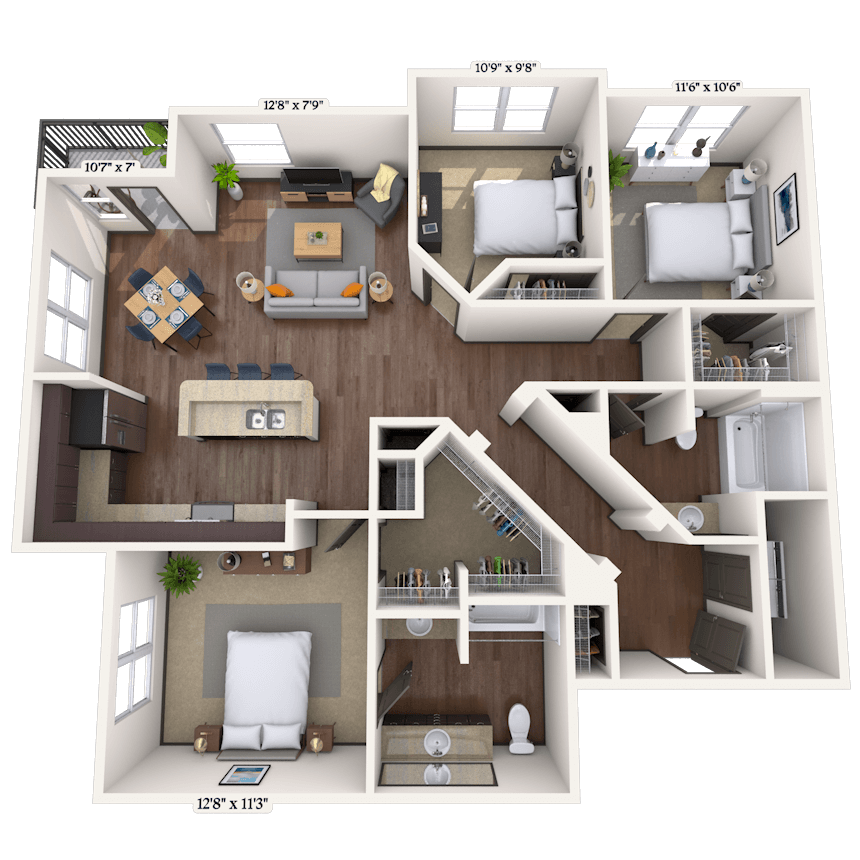 Floor plan for 3 beds, 2 baths, 1395 sqft