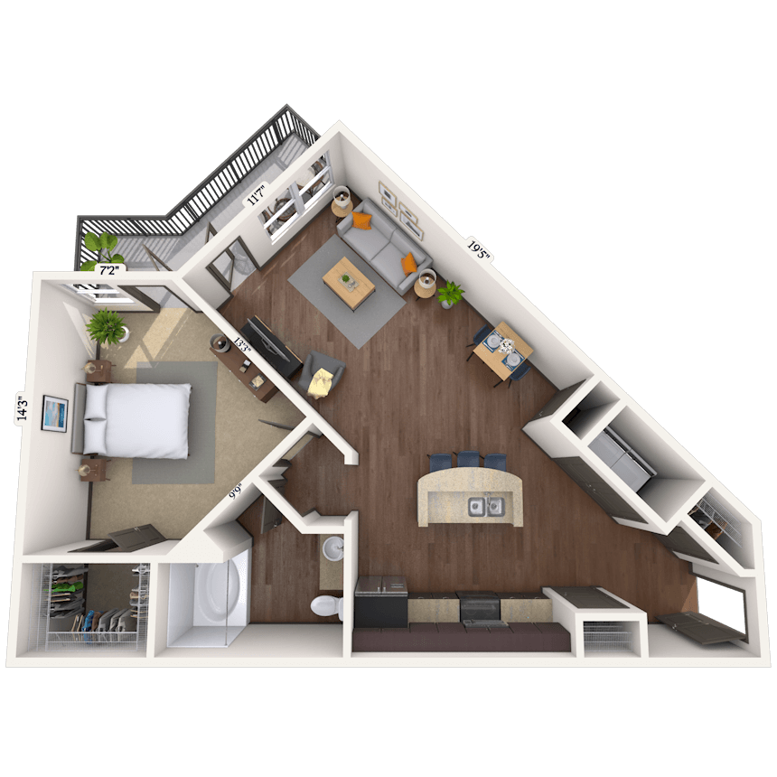 Floor plan for 1 bed, 1 bath, 781 sqft