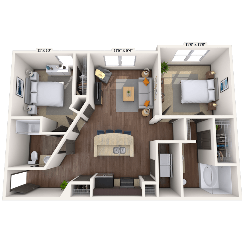 Floor plan for 2 beds, 2 baths, 952 sqft