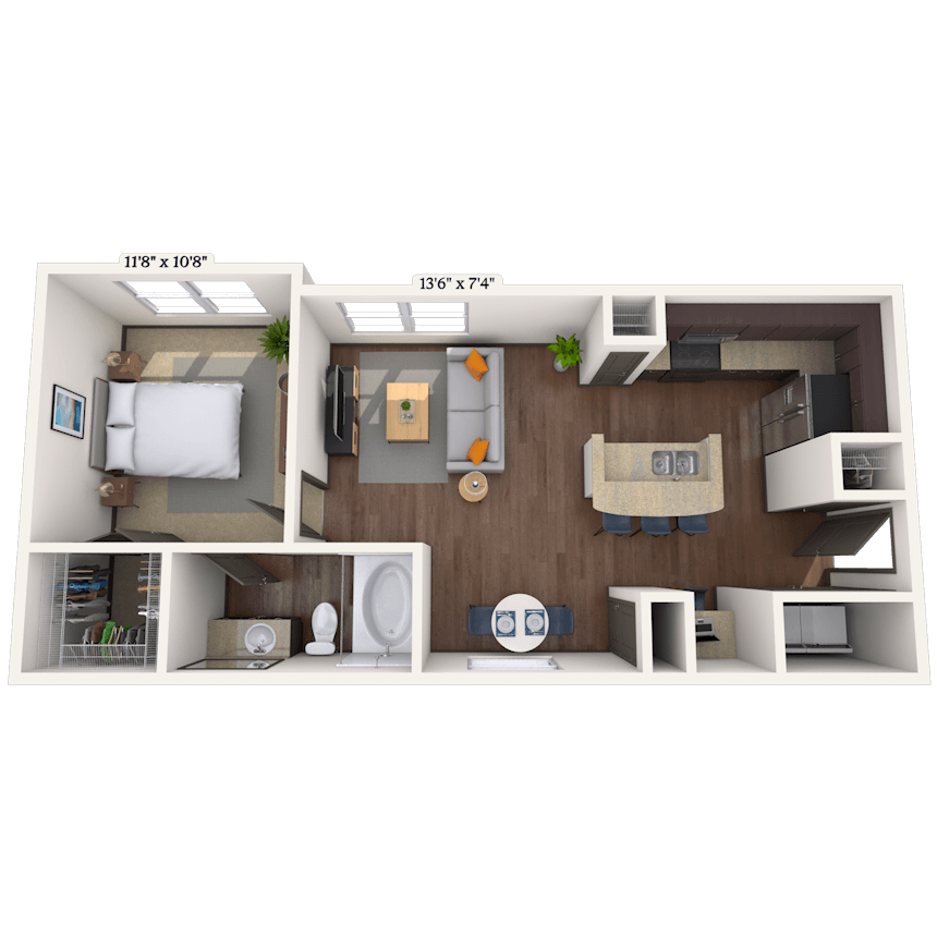 Floor plan for 1 bed, 1 bath, 668 sqft