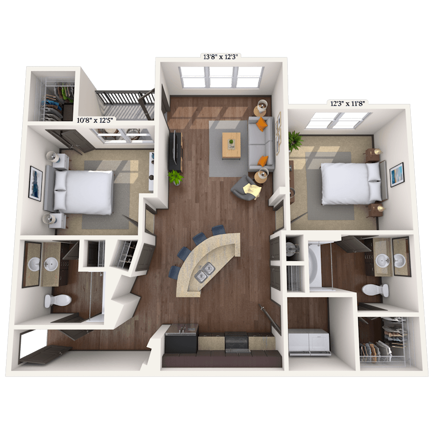 Floor plan for 2 beds, 2 baths, 1127 sqft