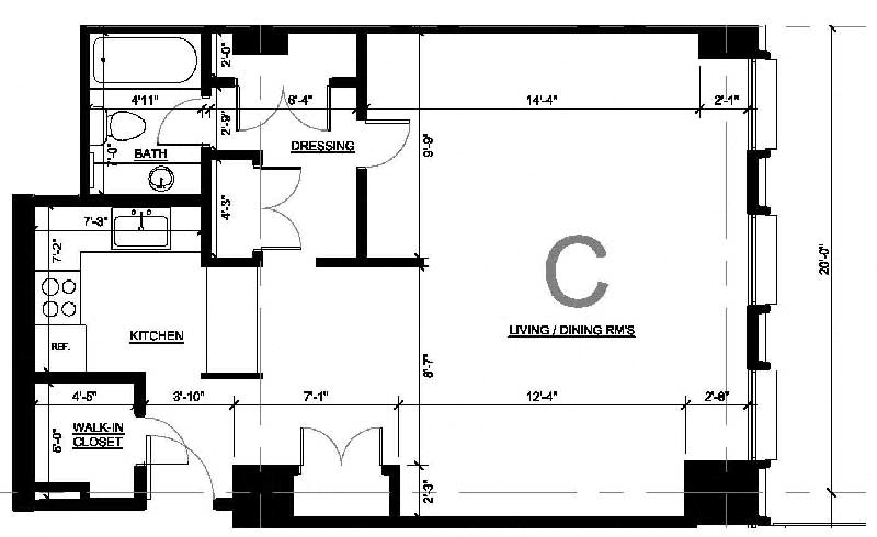 Floor plan for studio, 1 bath, 620 sqft